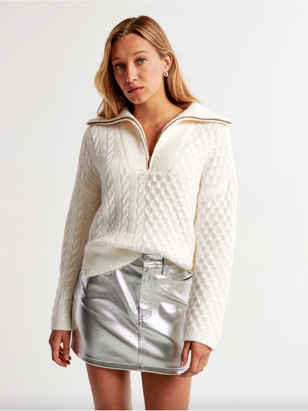 Abercrombie & Fitch Cable Half-zip Sweater in White